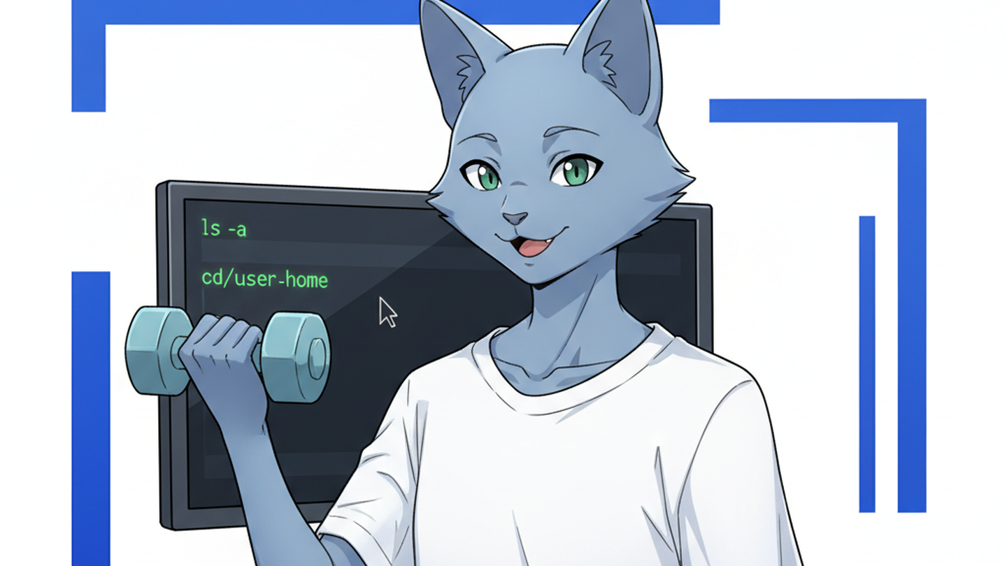ターミナルの画面の前で、ダンベルを持ってトレーニングする猫のキャラクターのアニメ風イラスト